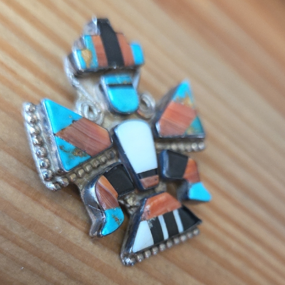 Vintage Zuni Turquoise and Sterling Silver Knifewing Pendant - Picture 4 of 7